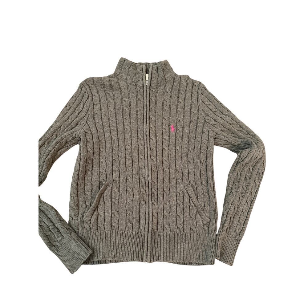 Ralph Lauren Sport Sweater Embroidered Cable-Knit Cotton Full-Zip Gray Size L
